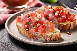 close view of bruschetta with pickled garlic on a crisscrossed napkin