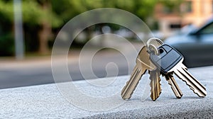 Close view of car keys resting on the edge of an asphalt road with cars in motion and bright sunlight, symbolizing a photo