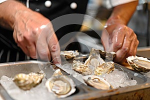 close view of a chefs hands shucking oysters