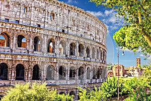 Close view on the Coliseum and the Antiquarium Forense of the Roman Forum on the background