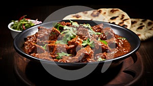 Close view of delectable rogan josh and naan plate