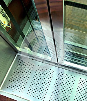 The close view of an elevator's hoistway