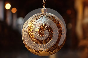 close view of a glass ball on a festive background of illumination, bokeh lights, Christmas decoration for New Year holidays,