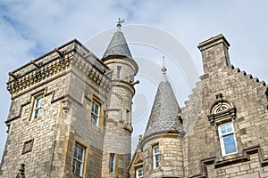 Close view of Glengorm Castle towers