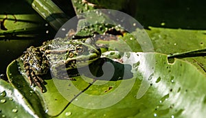 A close view of a green frog with yellow eyes sitting on a leaf of a water lily and looking very attentively.