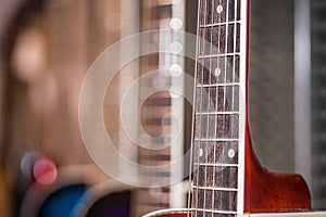 Close view of guitar fretboard