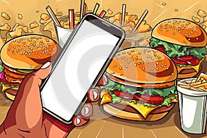 Close view of hand and smartphone, online ordering via the fast food app, burgers, fries and drinks