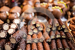 Close view of a handmade chocolate shop in Boqueria, Barcelona photo