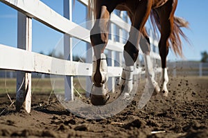 close view of horses hooves clearing a white fence