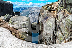 Close view of the Kjeragbolten above the Lysefjorden