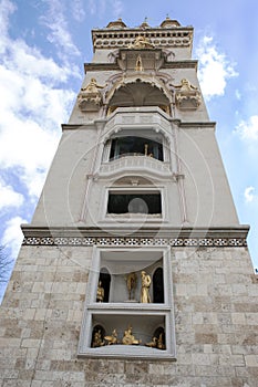 The clock tower and belfry of the Basilica of Santa Maria Assunta in Messina, Sicily, Italy.