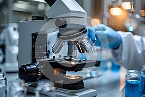 Close view of microscope with lab background