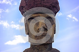 Close view of Moai Statue Face of Ahu Nau Nau wearing topknot near Anakena Beach - Easter Island, Chile