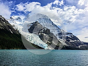 A close view of Mount Robson glacier directly across from Berg Lake, while hiking the Berg Lake Trail in British Columbia, Canada.