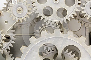 Close view of old clock mechanism with gears and cogs. Conceptual photo for your successful business design.