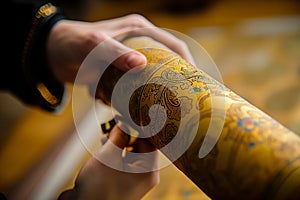 close view of an ornate scroll award being rolled up