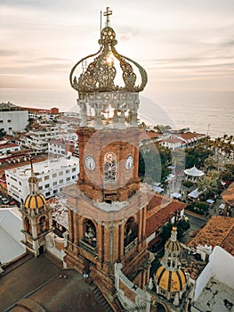 Close view of our Lady of Guadalupe church in Puerto Vallarta, Jalisco, Mexico at sunset