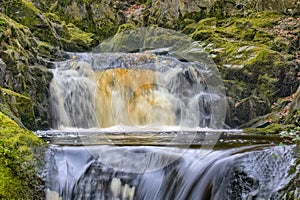 A close view of Pecca Falls, a waterfall near Ingleton in the Yorkshire Dales.