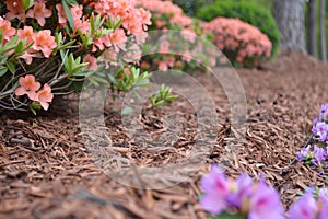 close view of pine bark mulch around azalea bushes