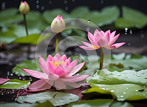 close view of pink lotus flowers and buds with green leaves