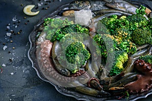 Close view of Raw Mixed seafood with vegs