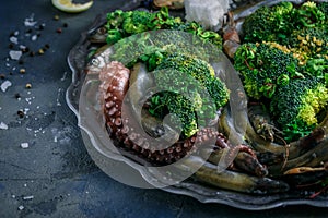 Close view of Raw Mixed seafood with vegs