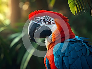 close view of red and blue macaw, ai generative