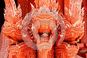 Close view of red dragon with 3 heads sculpture in Ko Samui, Thailand