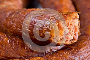 Close view red homemade sausage