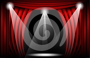 Close view of a red velvet curtain. Theater background Vector illustration, Teathre stage with spotlights