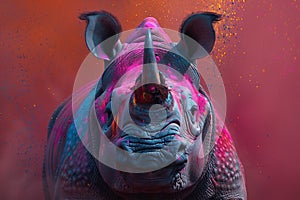 A close view of a rhinos face adorned with vibrant colored paint during the Holi Festival of Colors in India