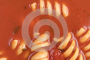 Close view of rotini tomato soup