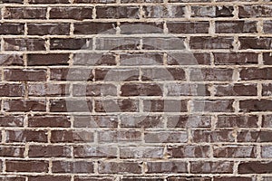 Close view of rough brown brick wall with sloppy extruded mortar finish, creative copy space