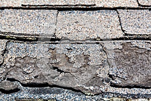 Close view of a row of weathered shingles damaged from the sun