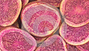 Close View Sliced Raw Purple Potatoes