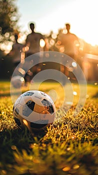 A close view of a soccer ball on the grass field as players gather in the background at sunset.