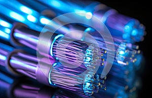 Close view of some fiber optic cables in the style of light purple and sky-blue. Bundle of optical fibers.