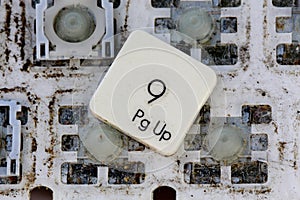 A close view of some keys on a dirty, yellowed keyboard.