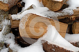 Close view of split hardwood and softwood firewood covered with snow in the winter