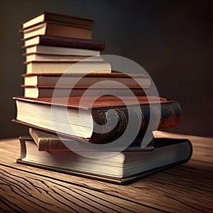Close View Of Stack Books On Wooden Desk In Dark