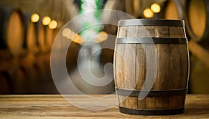 Close view of the surface of an old wooden barrel in a cellar or dark environment with soft warm light and with more barrels in