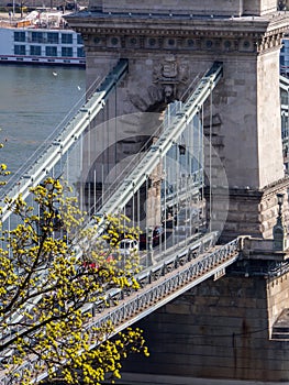 A close view of Szechenyi Chain Bridge over Danube, Budapest, Hungary at daytime from the castle