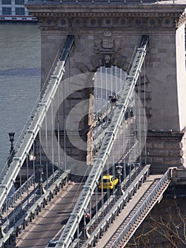 A close view of Szechenyi Chain Bridge over Danube, Budapest, Hungary at daytime from the castle