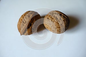 Close view of two ripe brown rounded fruits of Persian walnut
