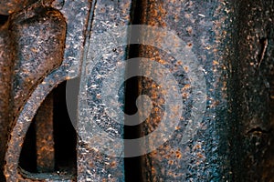 Close view of old railroad wheel with heavy corrosion