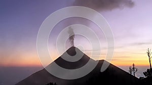 Close view video of Fuego volcano eruption at sunset