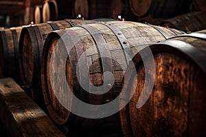 Close view of vintage wooden barrels in dark wine cellar of winery. Old oak casks in underground storage. Concept of vineyard,