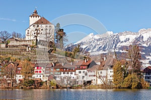 Close view of Werdenberg Castle and mountains