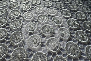 Close view of white lacy fabric