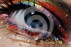 close view of woman\'s eye with decorative art makeup on her face